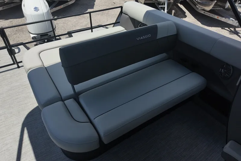 Slide: The Image of 2027 Viaggio x20u boat interior with sleek gray seating and modern design. - 14