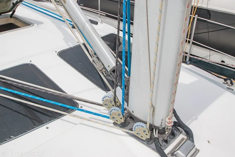 Slide: The Image of Close-up of rigging on a 2007 Hunter 41 Aft Cockpit sailboat deck. - 43