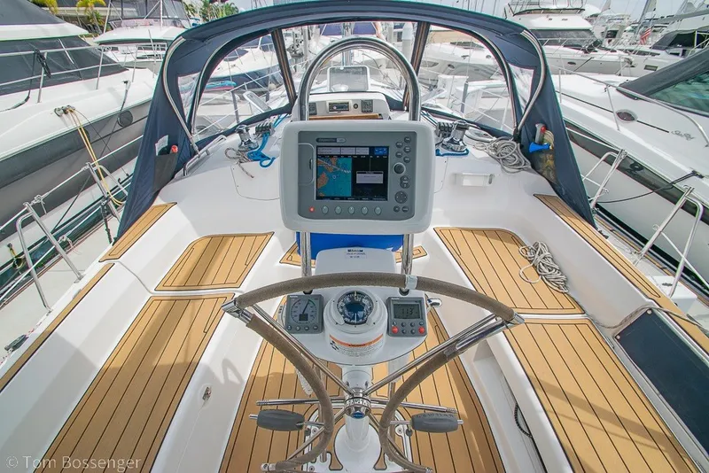 Slide: The Image of Cockpit of 2007 Hunter 41 Aft Cockpit sailboat with navigation equipment and teak flooring. - 30