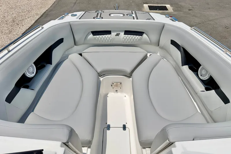 Slide: The Image of 2023 Four Winns HD8 OB boat interior with luxurious seating and modern design. - 9