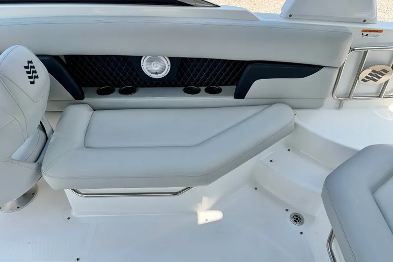 Slide: The Image of 2023 Four Winns HD8 OB boat interior with sleek seating and modern design. - 19