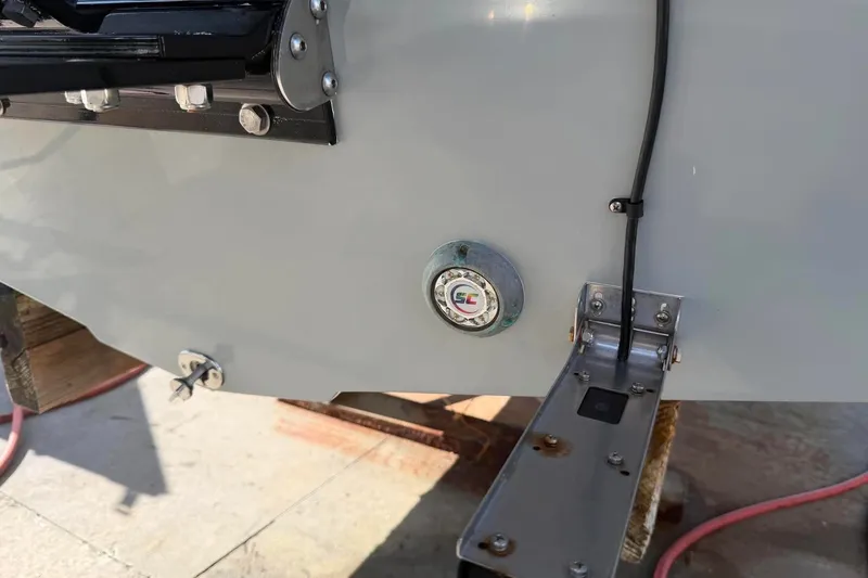 Slide: The Image of Close-up of 2026 Custom West End Boat Works 25 hull with hardware details. - 14