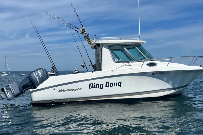 Slide: The Image of 2005 Wellcraft 252 Coastal boat named "Ding Dong" on the water with fishing rods. - 2