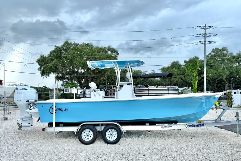 Slide: The Image of 2027 C-Hawk 25 Center Console boat on trailer, blue hull, outdoor setting. - 7