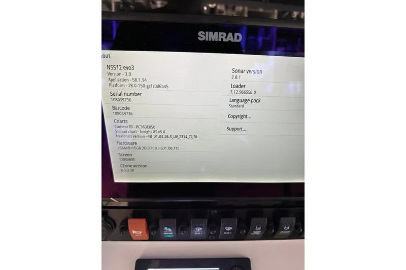 Slide: The Image of Simrad NSS12 evo3 display on 2018 Sea Hunt Gamefish 27 boat, showing system information. - 15