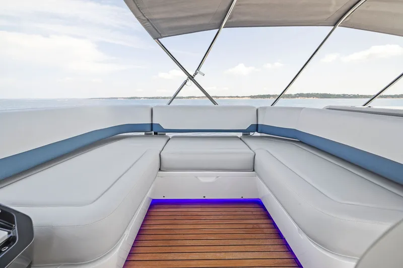 Slide: The Image of Luxurious seating area on 2024 Fairline Phantom 65 yacht with ocean view. - 62