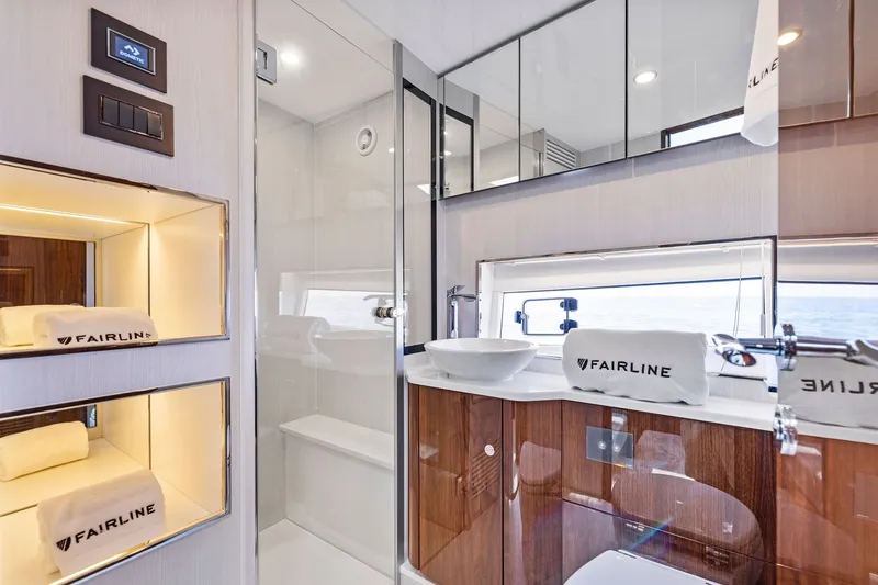 Slide: The Image of Luxurious bathroom interior of 2024 Fairline Phantom 65 yacht with modern fixtures. - 43