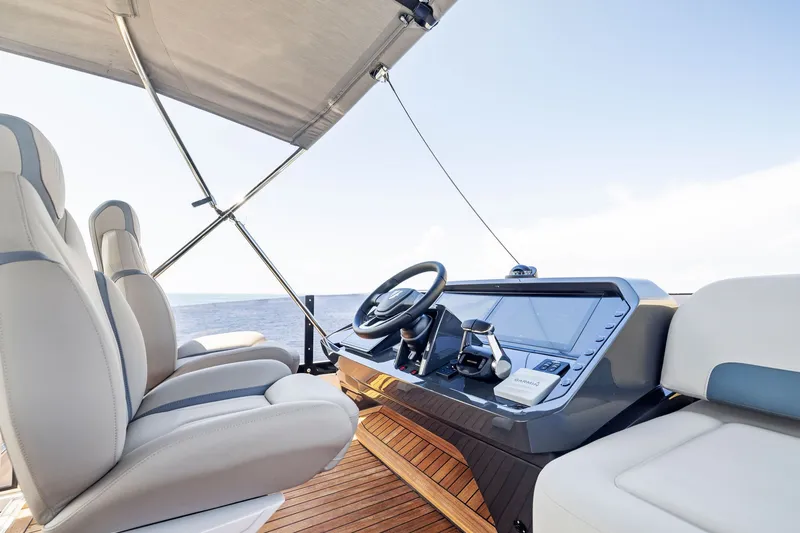 Slide: The Image of Luxury helm of 2024 Fairline Phantom 65 yacht with modern controls and seating. - 63