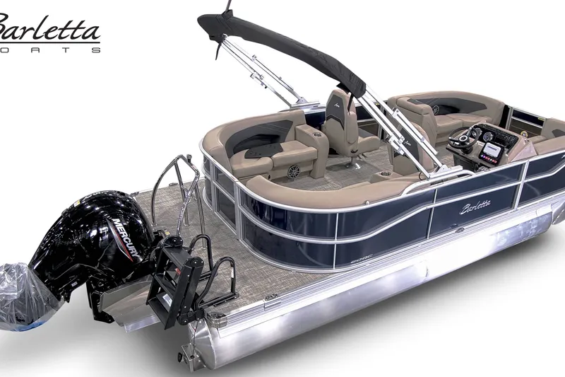 Slide: The Image of 2027 Barletta ARIA 20QC pontoon boat with Mercury engine, featuring spacious seating and modern design. - 4