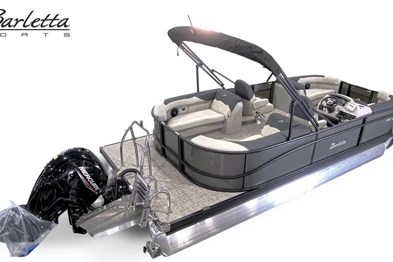 Slide: The Image of 2027 Barletta SANZA 22QC pontoon boat with sleek design and Mercury outboard motor. - 4