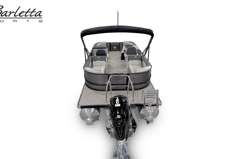 Slide: The Image of 2027 Barletta SANZA 22QC pontoon boat, rear view with seating and motor. - 6