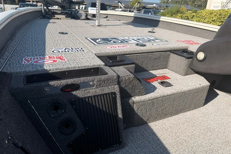 Slide: The Image of 2023 Tracker Pro Team 190 TX Tournament Edition boat deck with sponsor logos. - 49