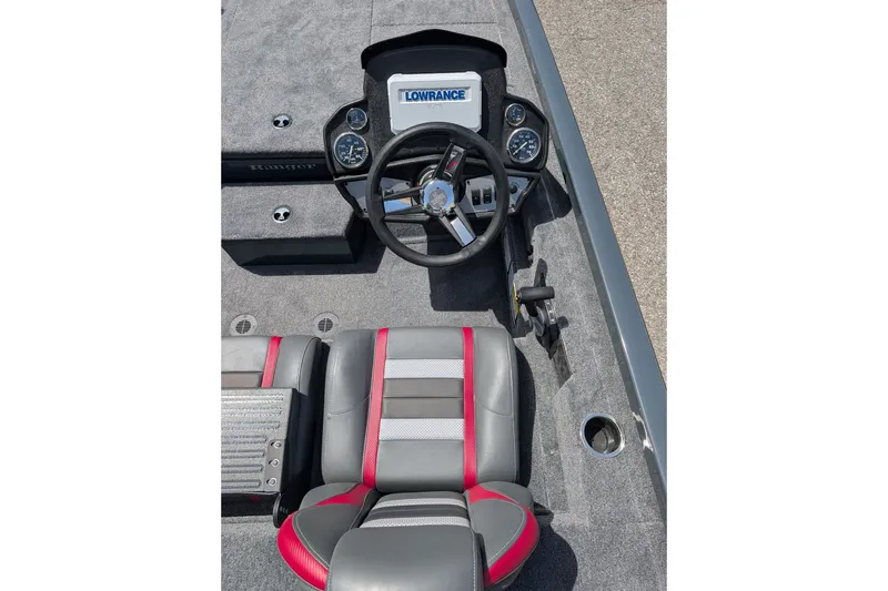 Slide: The Image of Cockpit of 2027 Ranger RT198P boat with steering wheel and Lowrance display. - 3