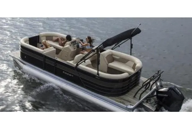 Slide: The Image of Manufacturer Provided Image: 2021 Crest Classic DLX 220 SLC pontoon boat cruising on water. - 2