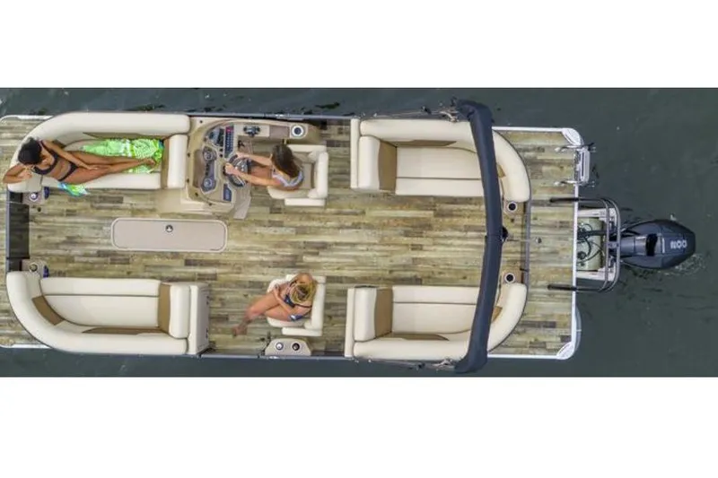 Slide: The Image of Manufacturer Provided Image: Top view of 2021 Crest Classic DLX 220 SLC pontoon boat with passengers. - 5