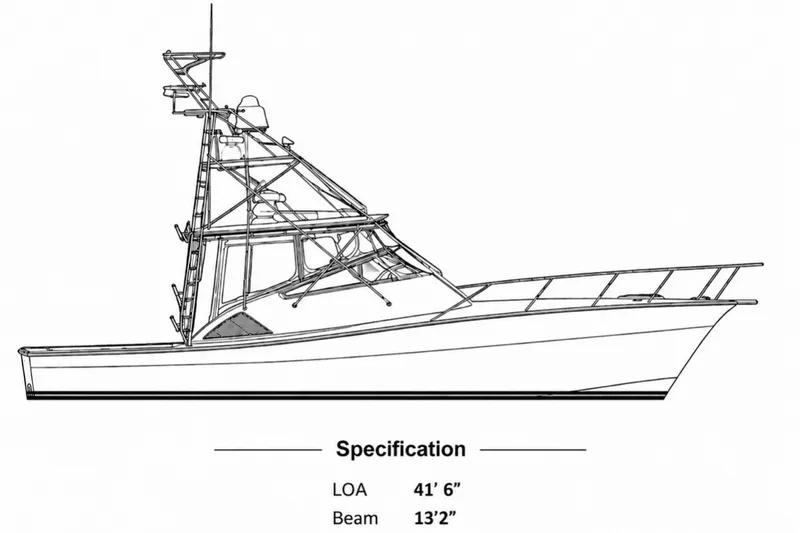 The Image of Line drawing of a 2027 Topaz 40 Express boat, LOA 41'6", Beam 13'2". - 1