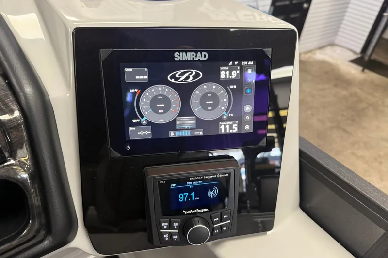 Slide: The Image of Dashboard of 2026 Bentley Pontoons Elite 223 Swingback with Simrad display and Rockford Fosgate audio. - 7