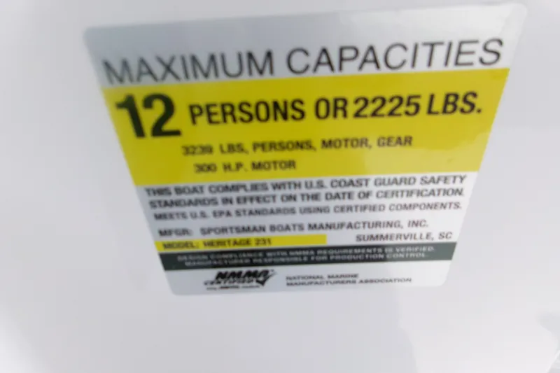 Slide: The Image of 2027 Sportsman Heritage 231 Center Console capacity label: 12 persons or 2225 lbs, 300 HP motor. - 15
