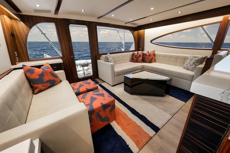 Slide: The Image of Luxurious interior of 2021 Hatteras GT65 Carolina yacht with ocean view. - 32