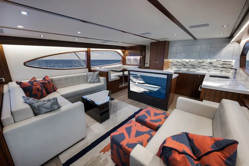 Slide: The Image of Luxurious interior of 2021 Hatteras GT65 Carolina yacht with modern design and ocean view. - 29