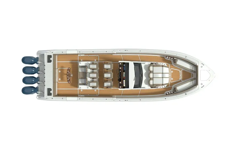 Slide: The Image of Manufacturer Provided Image: 2023 Everglades 455 Center Console boat, top view, with four outboard engines. - 71