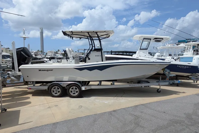 The Image of 2024 Ranger 2660 Bay boat on trailer at marina, clear sky background. - 1
