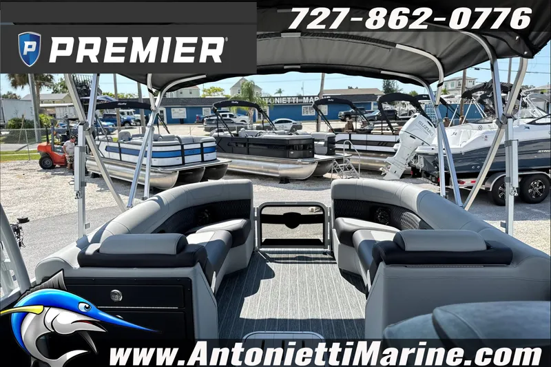 Slide: The Image of Premier 250 Solaris Upper Deck CL 2027 pontoon boat at Antonietti Marine dealership. - 11
