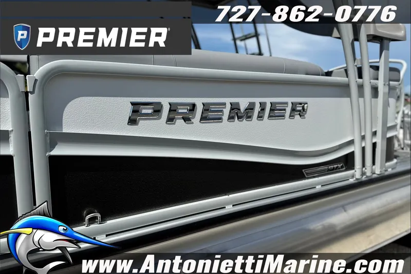 Slide: The Image of 2027 Premier 250 Solaris Upper Deck CL pontoon boat, featuring sleek design and branding. - 3