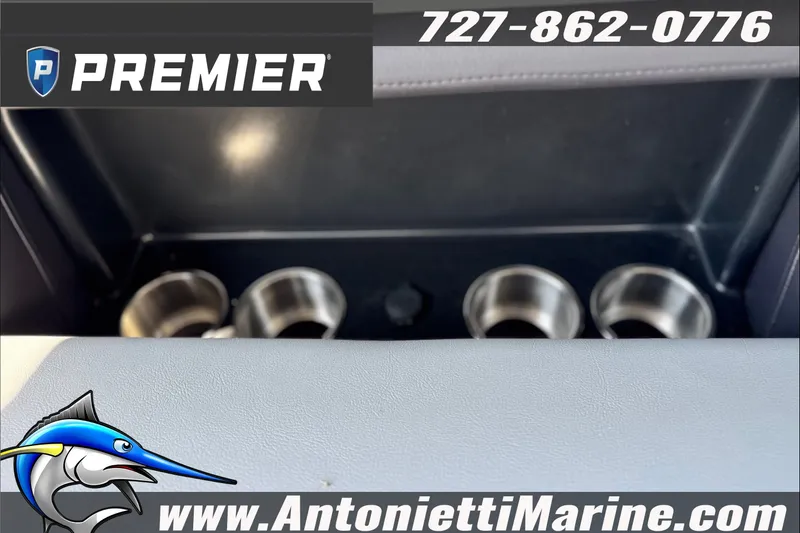 Slide: The Image of Cup holders in a 2027 Premier 250 Solaris Upper Deck boat, featuring Antonietti Marine branding. - 17