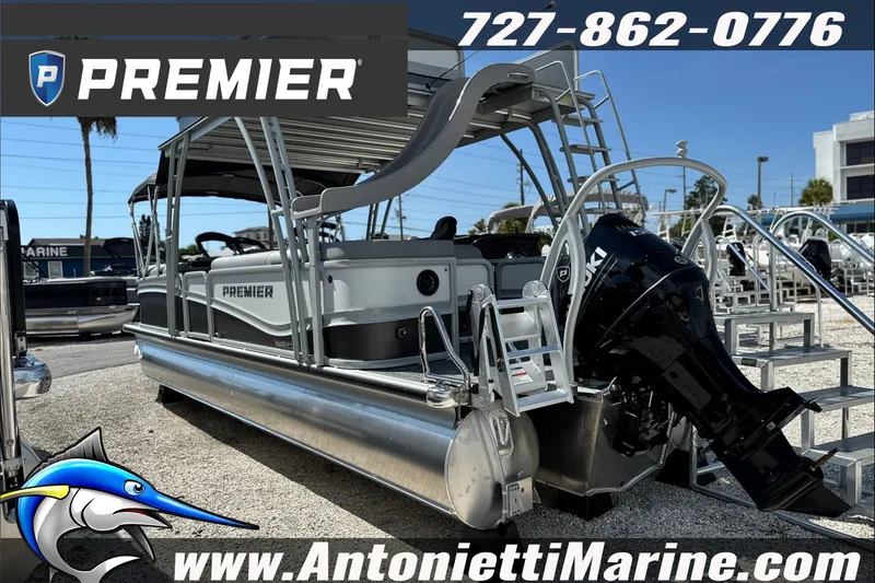 Slide: The Image of Premier 250 Solaris Upper Deck CL 2027 pontoon boat displayed at Antonietti Marine. - 4