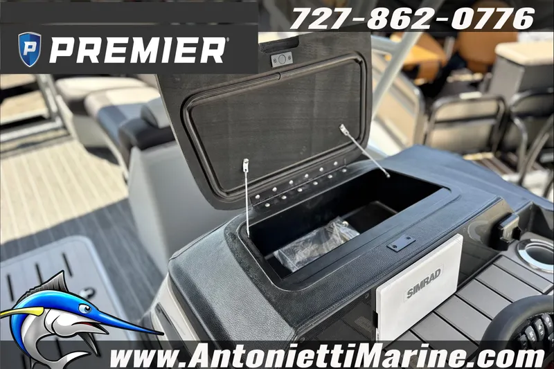 Slide: The Image of 2027 Premier 250 Solaris Upper Deck boat interior with storage compartment open. - 19