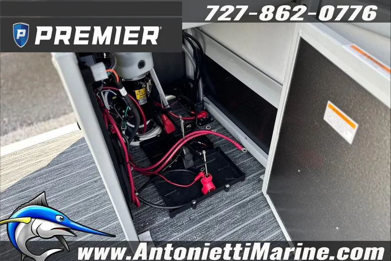 Slide: The Image of Battery compartment of 2027 Premier 250 Solaris Upper Deck - CL boat, featuring wiring and components. - 23