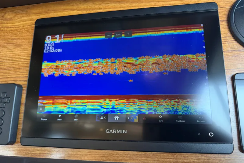 Slide: The Image of Garmin sonar display on 2024 Ranger Tugs R-27, showing underwater depth and fish activity. - 29