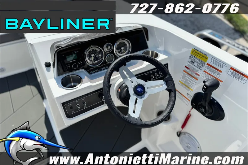 Slide: The Image of 2026 Bayliner D22 boat dashboard with steering wheel and controls, featuring brand logo and contact details. - 15