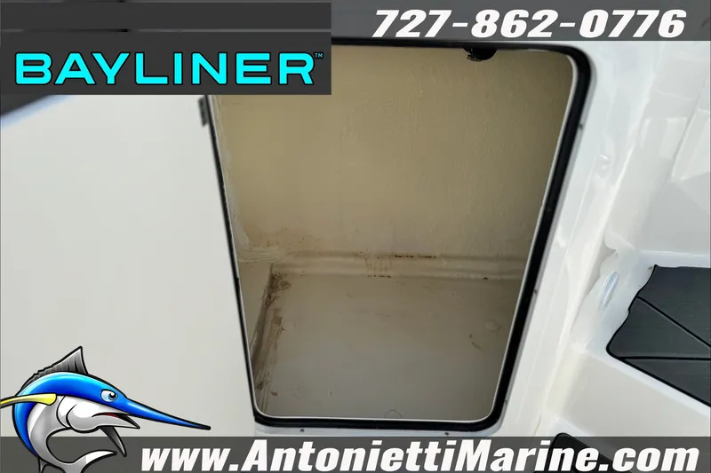 Slide: The Image of Bayliner D22 2026 storage compartment, featuring contact details and website for Antonietti Marine. - 26