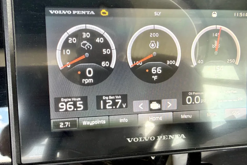 Slide: The Image of Volvo Penta dashboard displaying engine metrics for 2019 Regal LS6 boat. - 36