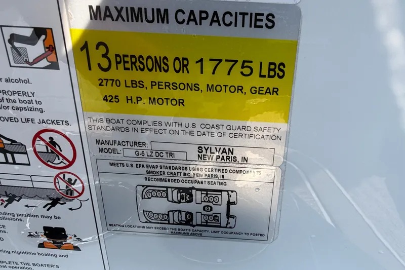 Slide: The Image of 2027 Sylvan G5 LZ DC boat capacity label: 13 persons or 1775 lbs, 425 HP motor. - 20