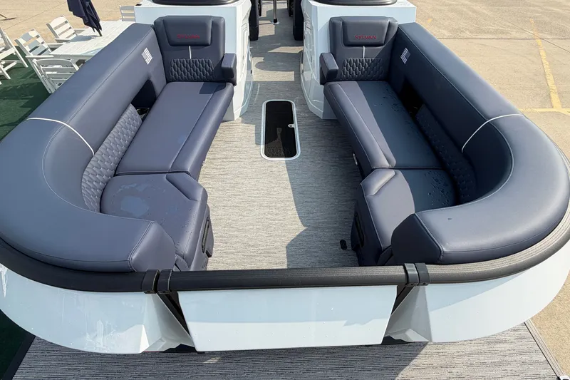 Slide: The Image of Luxurious seating on 2027 Sylvan G5 LZ DC pontoon boat, featuring sleek design and comfort. - 7