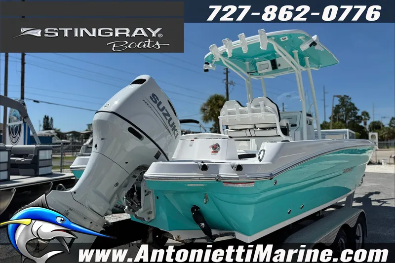 Slide: The Image of 2027 Stingray 24 HY boat with Suzuki engine, showcased by Antonietti Marine. - 2