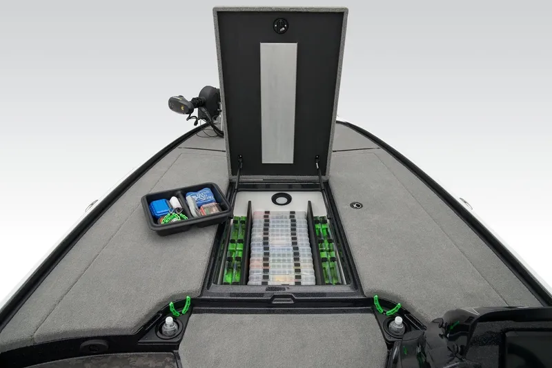 Slide: The Image of 2027 Nitro Z20 XL Pro boat with open storage compartment and organized fishing gear. - 5