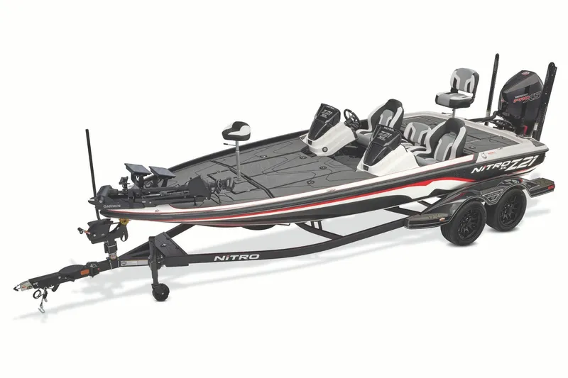 Slide: The Image of 2027 Nitro Z21 XL Pro bass boat with dual consoles and advanced fishing features. - 2