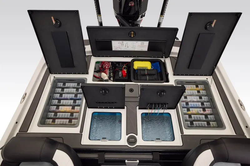 Slide: The Image of 2027 Nitro Z21 XL Pro boat storage compartments with organized fishing gear and equipment. - 10