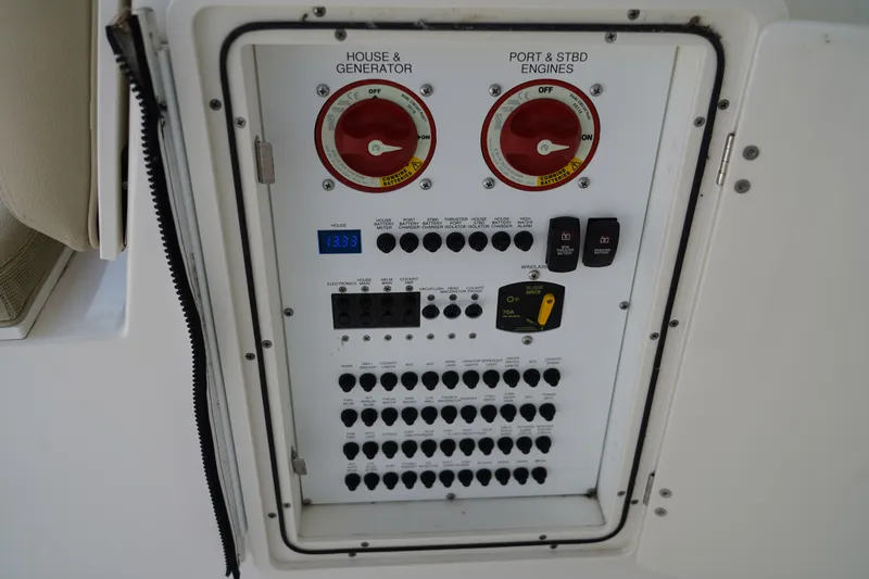 Slide: The Image of Control panel with toggle switches and dials for house and generator management. - 47