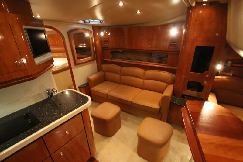 Slide: The Image of Luxurious 2007 Four Winns 378 Vista yacht interior with leather seating and modern amenities. - 23