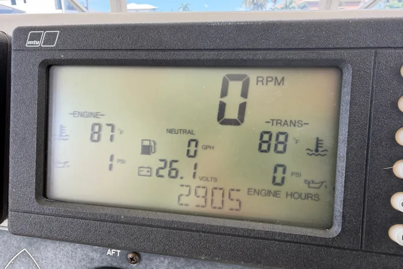 Slide: The Image of Digital display of a 2007 Post 50 Convertible boat engine metrics. - 30