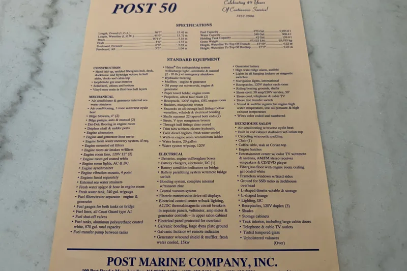Slide: The Image of Alt text: "Post 50 Convertible 2007 specifications and features sheet on marble surface." - 116