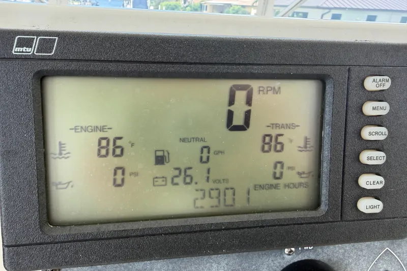 Slide: The Image of Dashboard display of a 2007 Post 50 Convertible boat showing engine and transmission data. - 29