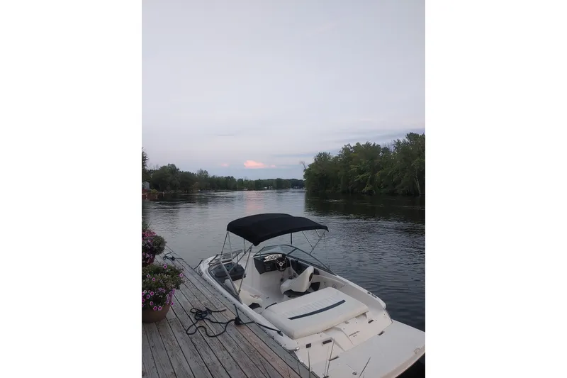 Slide: The Image of 2008 Regal 1900 LSR boat docked by a serene lake with lush greenery. - 16