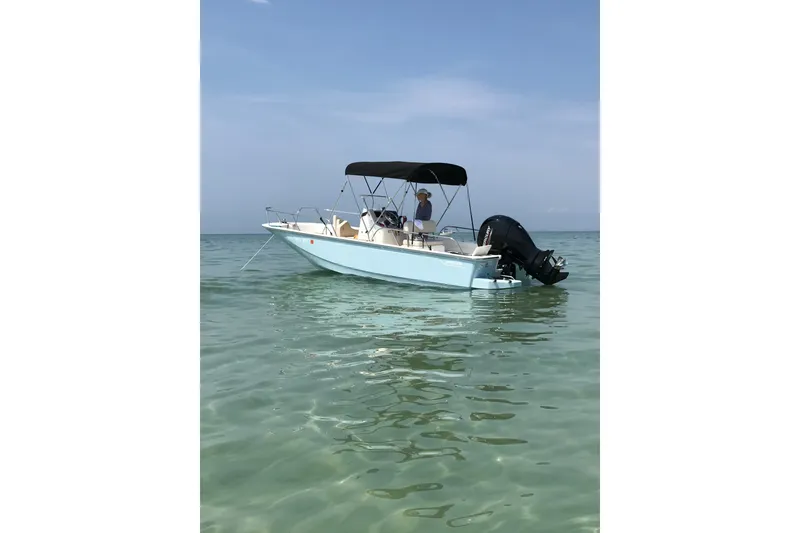 The Image of 2021 Boston Whaler 190 Montauk boat on calm sea with canopy. - 0