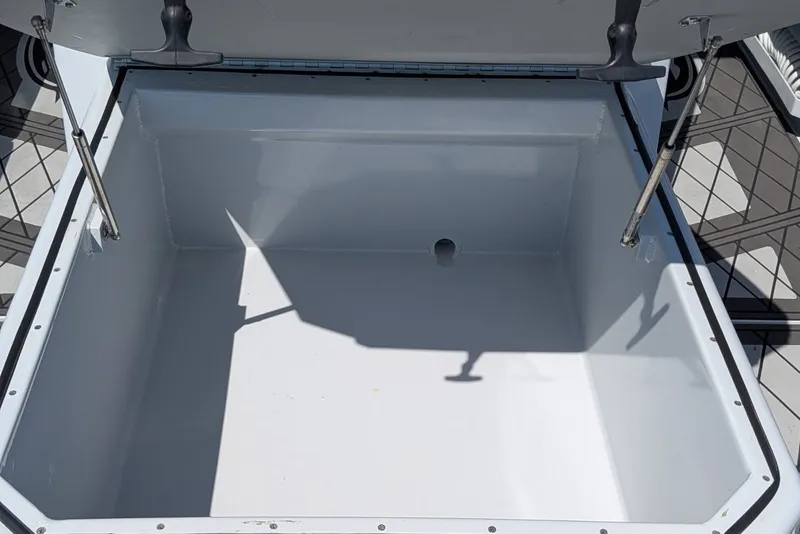Slide: The Image of Open storage compartment on 2022 Encore Boat Works 28, featuring hydraulic struts. - 6